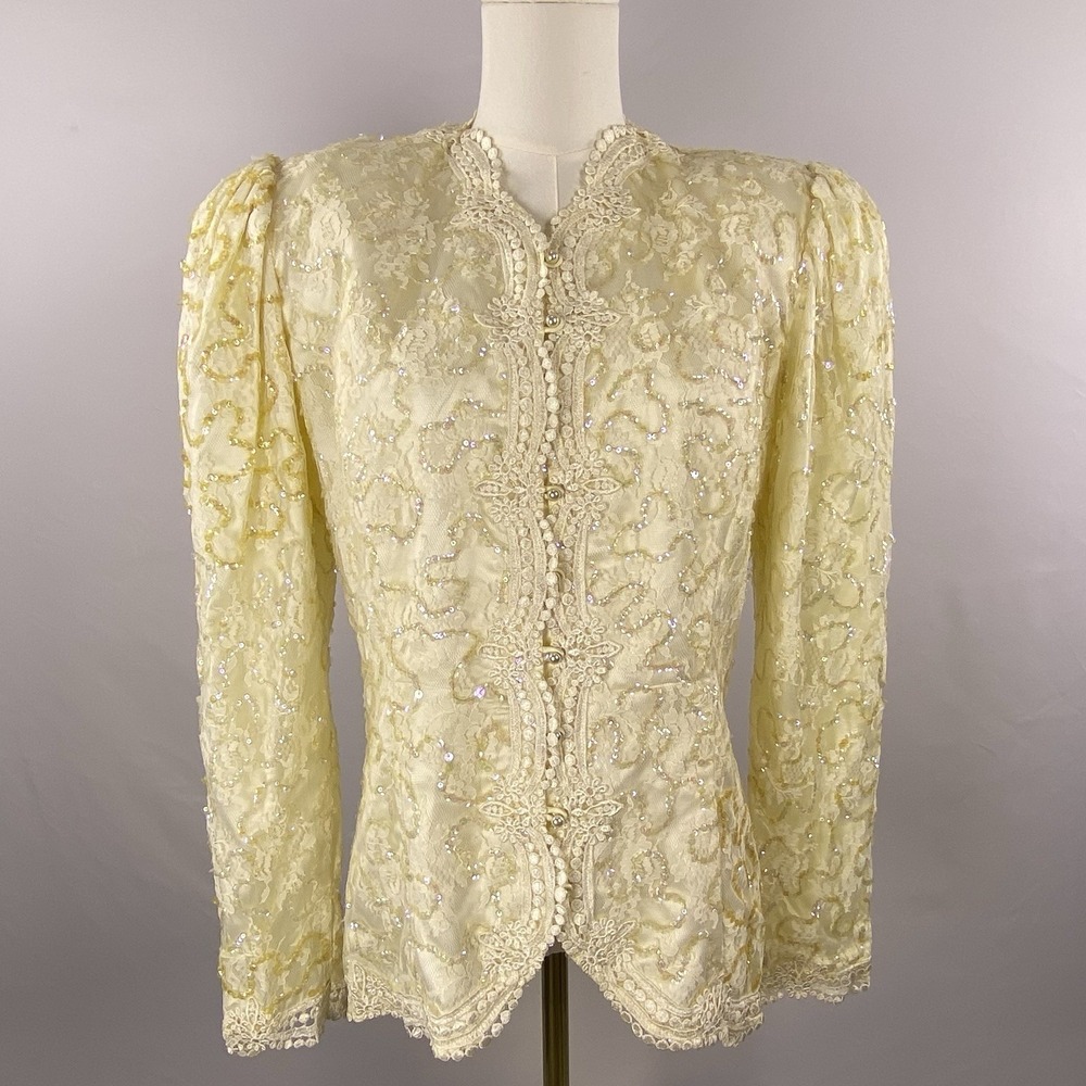 Jessica McClintock Lace Sequin Evening Jacket Womens 12 Cream Bridal Formal 80s